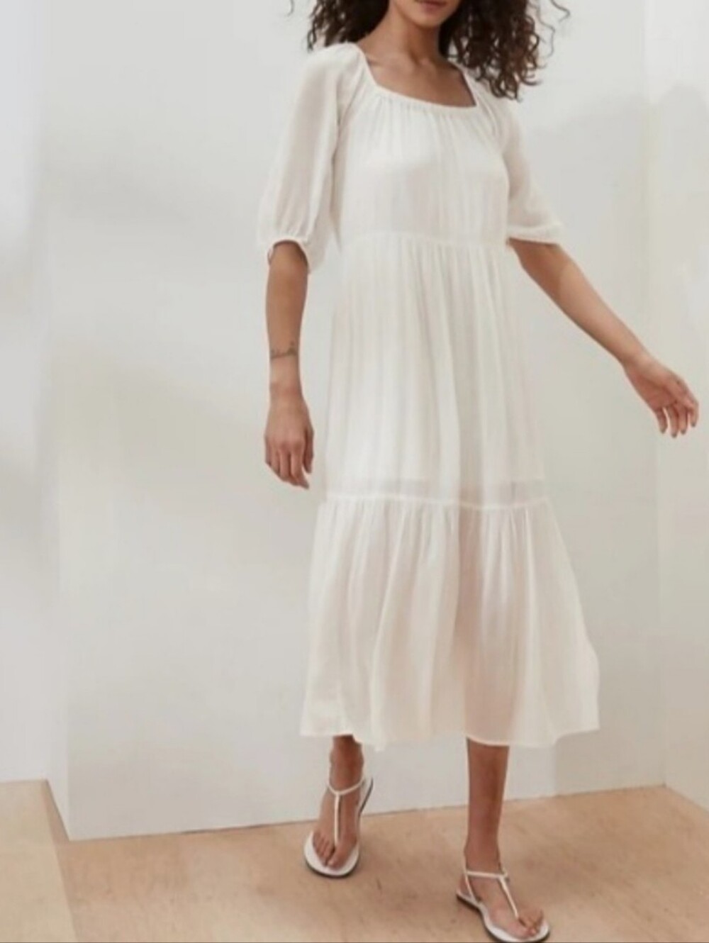 NWT BR White Square-Neck Tiered Midi Dress with Puff Sleeves, Size XXS